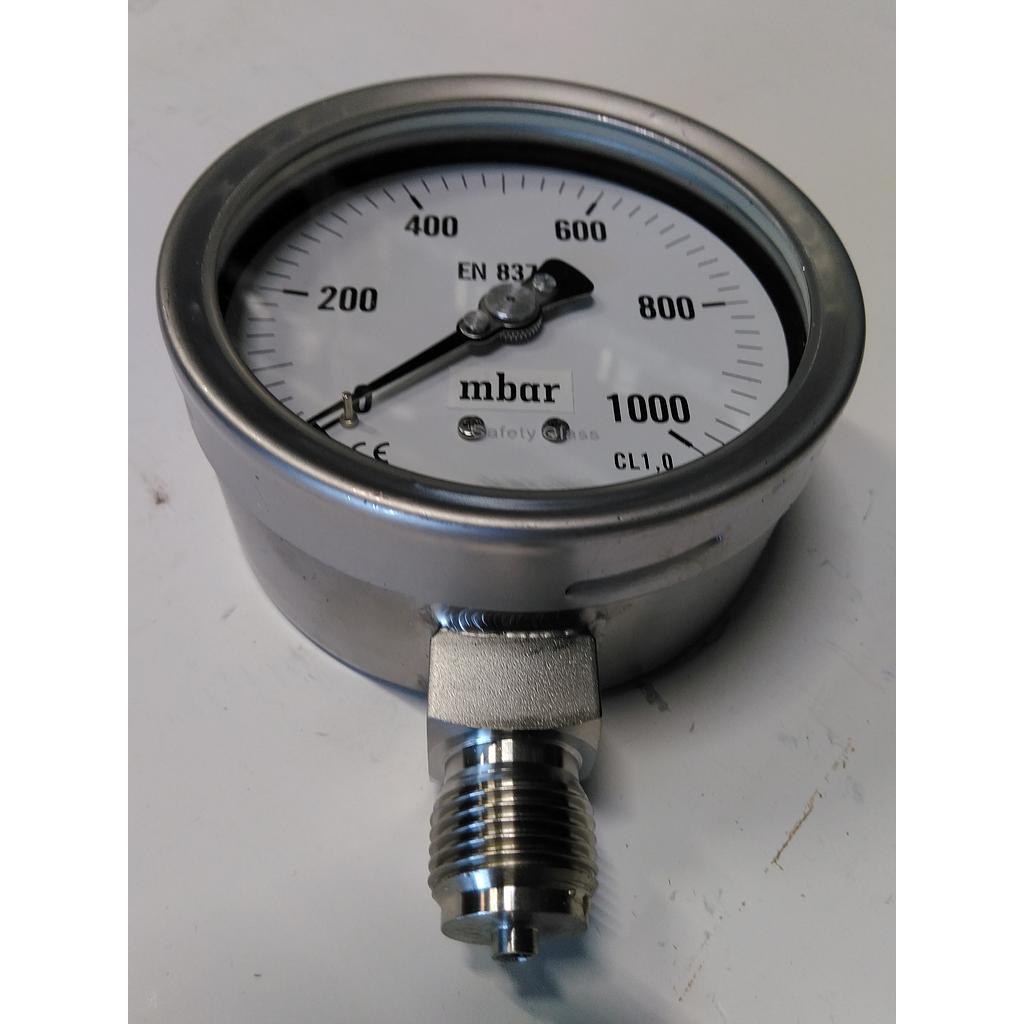 Manometro cassa inox - Diametro 100 MM - Aria/Gas - Campo 0-1000 mbar - Attacco radiale inox 1/2" Gas Maschio - Elemento interno bourdon inox