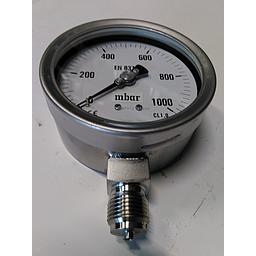 Manometro cassa inox - Diametro 100 MM - Aria/Gas - Campo 0-1000 mbar - Attacco radiale inox 1/2" Gas Maschio - Elemento interno bourdon inox
