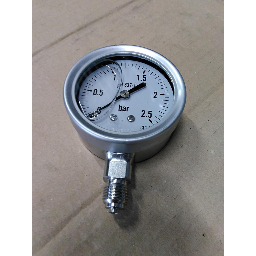 Manometro tutto inox - diametro 63 MM - Attacco radiale inox 316 da 1/4&#34; Filettato Gas Maschio - Campo 0-2,5 Bar - Quadrante a bagno di Glicerina