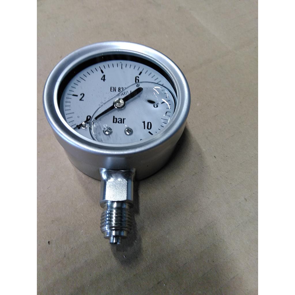 Manometro tutto inox - diametro 63 MM - Attacco radiale inox 316 da 1/4" Filettato Gas Maschio - Campo 0-10 Bar - Quadrante a bagno di Glicerina