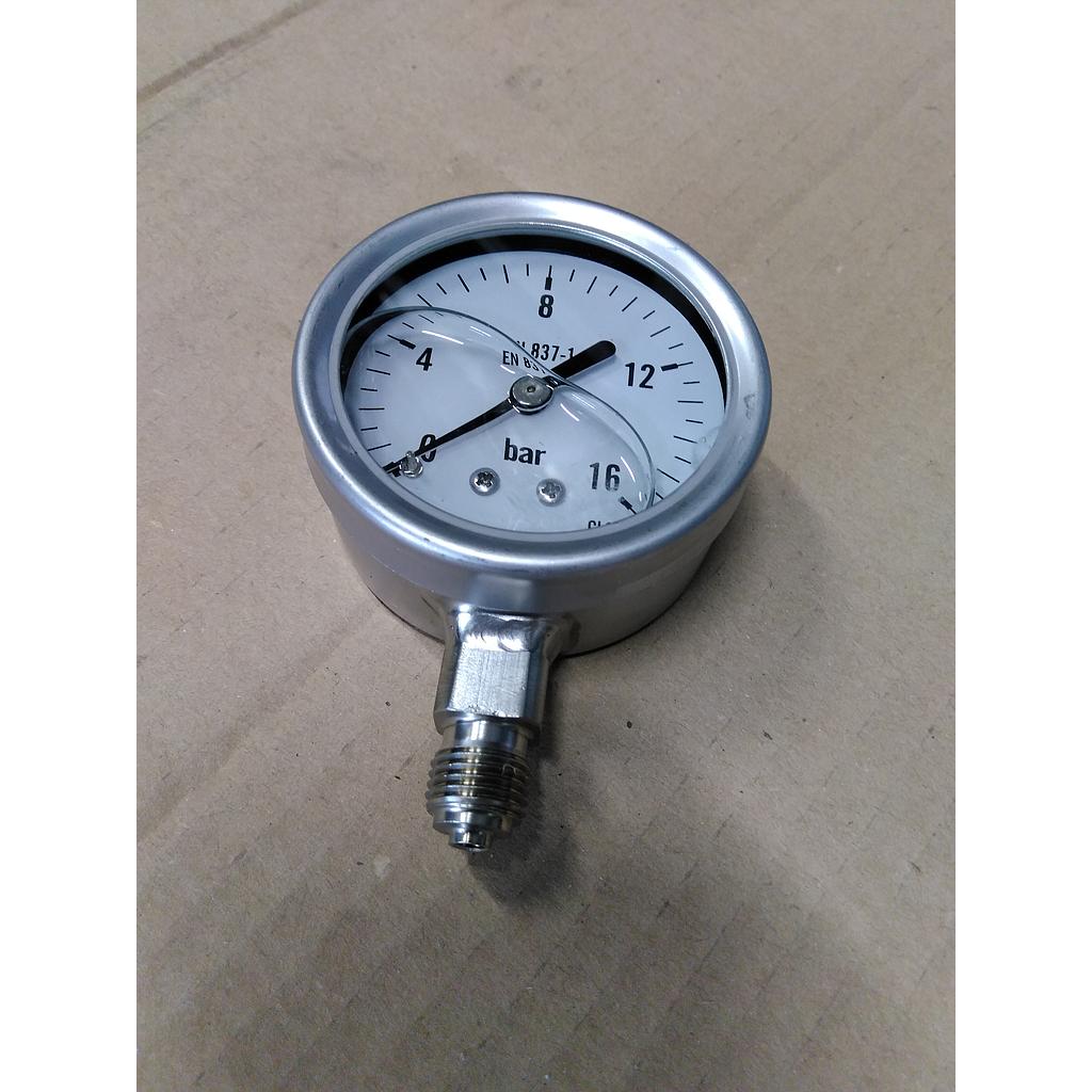 Manometro tutto inox - diametro 63 MM - Attacco radiale inox 316 da 1/4" Filettato Gas Maschio - Campo 0-16 Bar - Quadrante a bagno di Glicerina