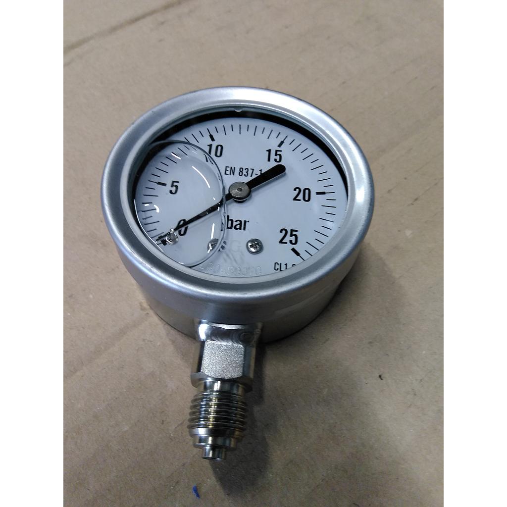 Manometro tutto inox - diametro 63 MM - Attacco radiale inox 316 da 1/4" Filettato Gas Maschio - Campo 0-25 Bar - Quadrante a bagno di Glicerina