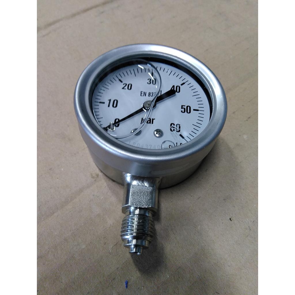 Manometro tutto inox - diametro 63 MM - Attacco radiale inox 316 da 1/4" Filettato Gas Maschio - Campo 0-60 Bar - Quadrante a bagno di Glicerina