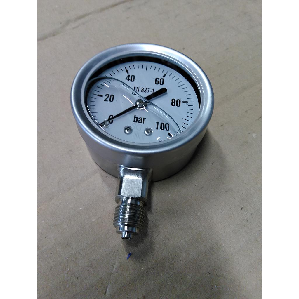 Manometro tutto inox - diametro 63 MM - Attacco radiale inox 316 da 1/4" Filettato Gas Maschio - Campo 0-100 Bar - Quadrante a bagno di Glicerina