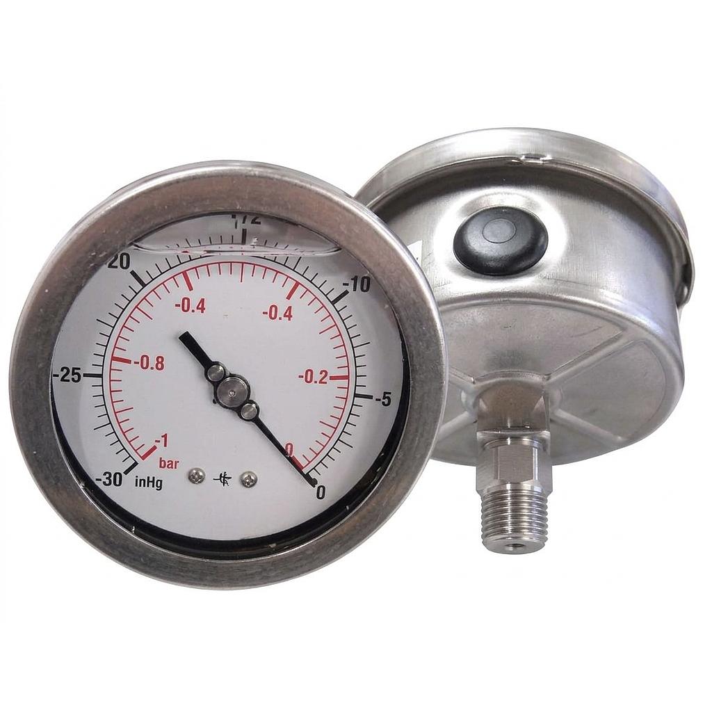 Manometro - Cassa in Inox - Diametro 63 mm - Quadrante a Bagno di Glicerina - Attacco Posteriore in Inox - Filettato 1/4" Gas Maschio - Campo 0/6 bar