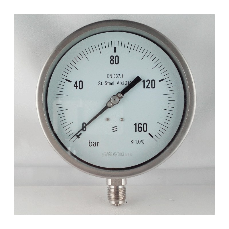 Manometro cassa inox - diametro 100 MM - Attacco radiale inox aisi 316 da 1/2&#34; Filettato Gas Maschio - Campo 0-100 Bar - Quadrante asciutto