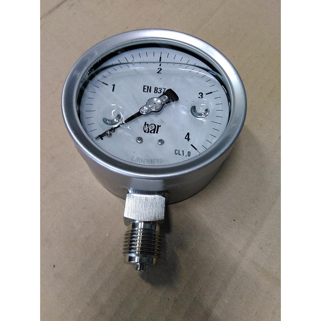 Manometro tutto inox - diametro 100 MM - Attacco radiale inox 316 da 1/2" Filettato Gas Maschio - Campo 0-4 Bar - Quadrante a bagno di Glicerina - Cl.1,0