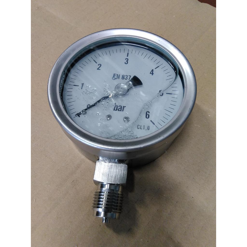 Manometro tutto inox - diametro 100 MM - Attacco radiale inox 316 da 1/2" Filettato Gas Maschio - Campo 0-6 Bar - Quadrante a bagno di Glicerina - Cl.1,0