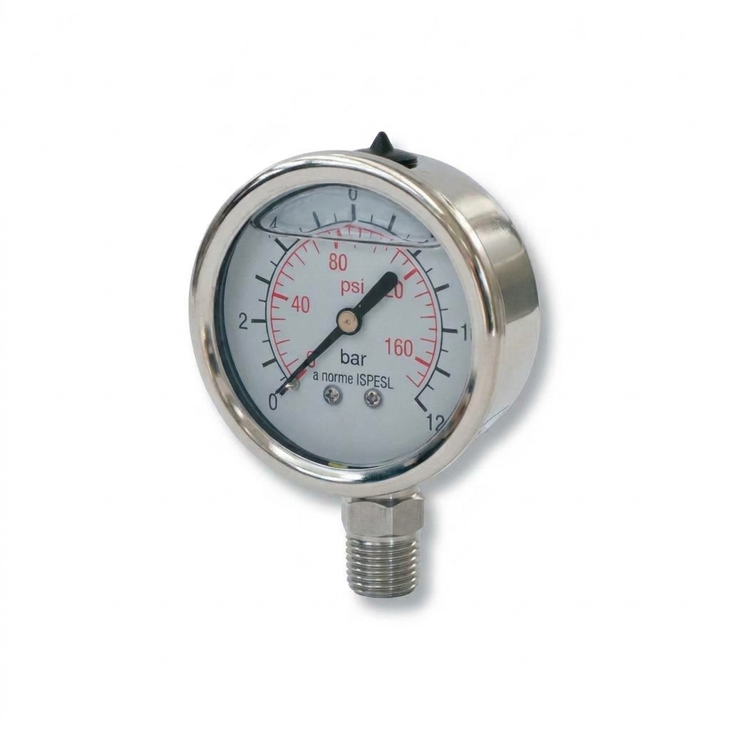 Manometro - Cassa in Inox - Diametro 100 mm - Quadrante a Bagno di Glicerina - Attacco Radiale in Inox - Filettato 1/2" Gas Maschio - Campo 0/10 bar