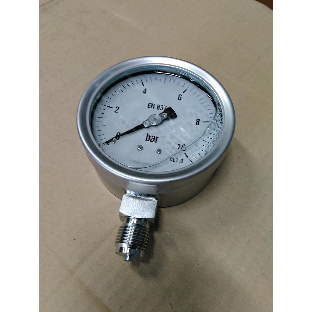 Manometro tutto inox - diametro 100 mm - Attacco radiale inox 316 da 1/2&#34; Filettato Gas Maschio - Campo 0-10 Bar - Quadrante a bagno di Glicerina - Cl.1,0