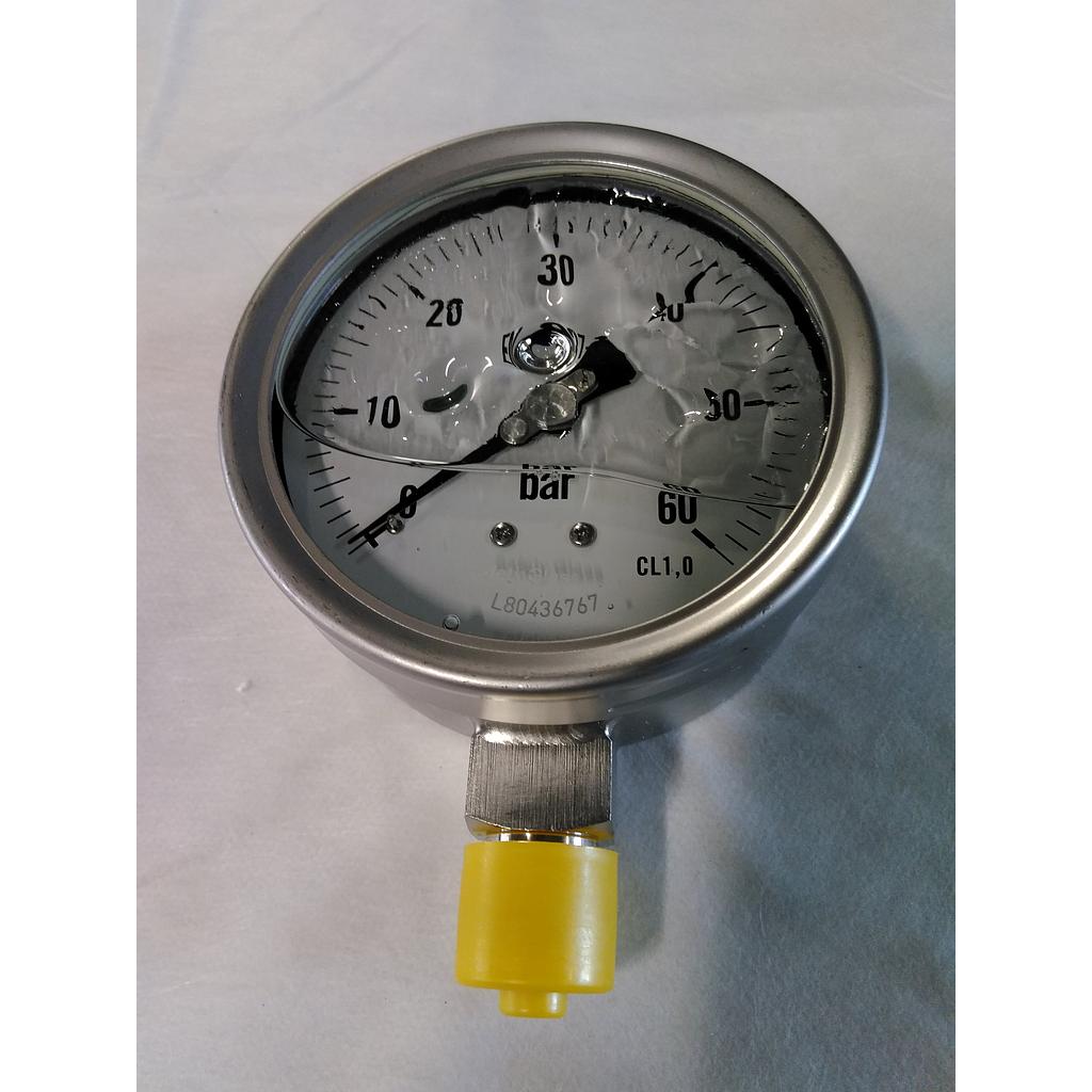 Manometro tutto inox - diametro 100 mm - Attacco radiale inox 316 da 1/2" Filettato Gas Maschio - Campo 0-60 Bar - Quadrante a bagno di Glicerina - Cl.1,0