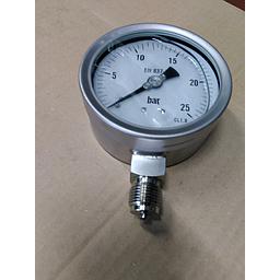 Manometro tutto inox - Diametro 100 mm - Attacco Radiale Inox Aisi 316 da 1/2" Filettato Gas Maschio - Campo 0-25 Bar - Quadrante a bagno di Glicerina - Cl.1,0