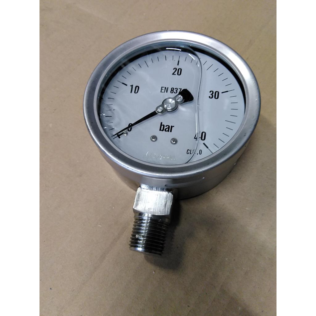Manometro tutto inox - diametro 100 MM - Attacco radiale inox 316 da 1/2" Filettato Gas Maschio - Campo 0-40 Bar - Quadrante a bagno di Glicerina - Cl.1,0