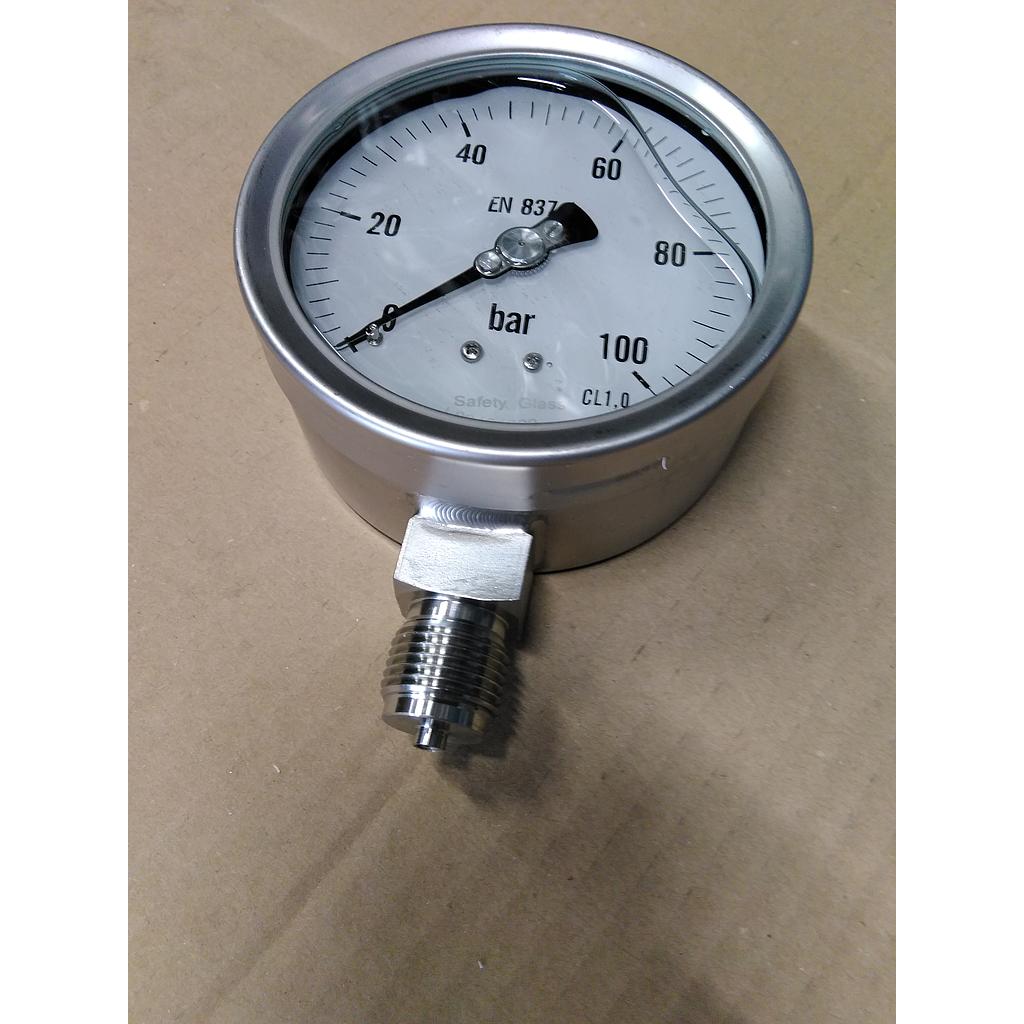 Manometro tutto inox - diametro 100 MM - Attacco radiale inox 316 da 1/2" Filettato Gas Maschio - Campo 0-100 Bar - Quadrante a bagno di Glicerina - Cl.1,0