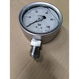 Manometro tutto inox - diametro 100 MM - Attacco radiale inox 316 da 1/2" Filettato Gas Maschio - Campo 0-100 Bar - Quadrante a bagno di Glicerina - Cl.1,0