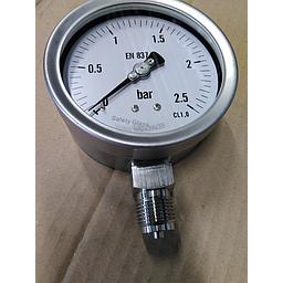 Manometro cassa inox - diametro 100 MM - Attacco radiale inox da 1/2" Filettato Gas Maschio - Campo 0-2,5 Bar - Quadrante asciutto