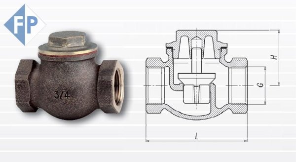 Valvola di Ritegno a piattello, corpo in Bronzo, tenuta in PTFE/Grafite, attacchi filettati Gas 3/8 - Mod.049B02