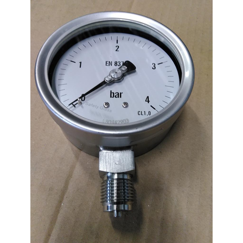 Manometro tutto inox - diametro 100 mm - Attacco radiale inox aisi 316 da 1/2" Filettato Gas Maschio - Campo 0-4 Bar - Quadrante asciutto - Cl.1