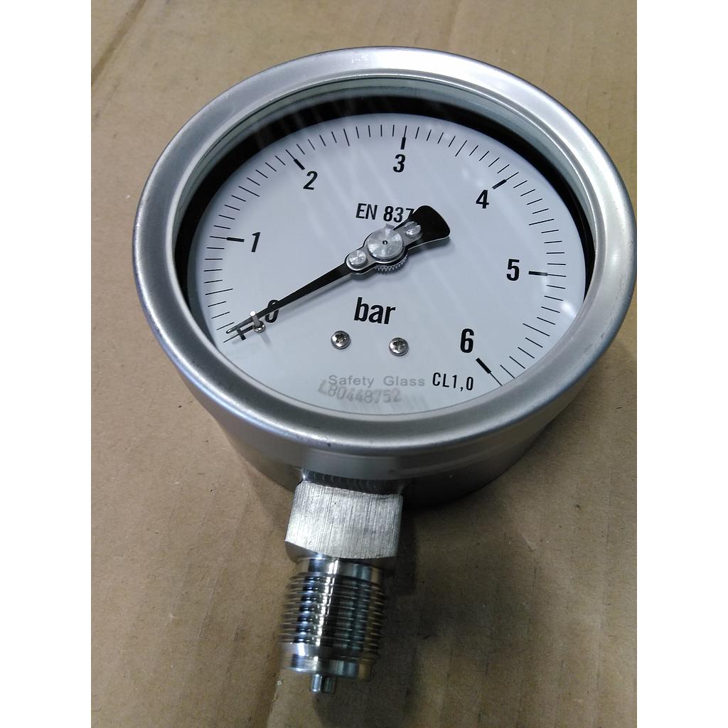 Manometro cassa inox - diametro 100 MM - Attacco radiale inox aisi 316 da 1/2" Filettato Gas Maschio - Campo 0-6 Bar - Quadrante asciutto