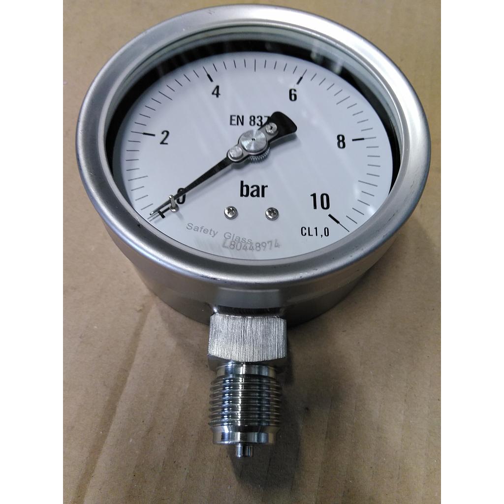 Manometro cassa inox - diametro 100 MM - Attacco radiale inox 316 da 1/2" Filettato Gas Maschio - Campo 0-10 Bar - Quadrante asciutto - Classe 1,0