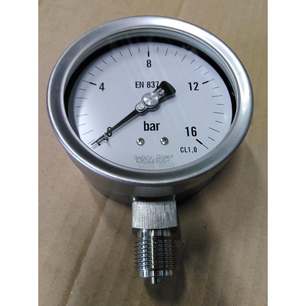 Manometro cassa inox - diametro 100 mm - Attacco radiale inox aisi 316 da 1/2" Filettato Gas Maschio - Campo 0-16 Bar - Quadrante asciutto - Cl.1