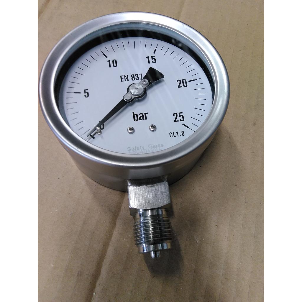 Manometro cassa inox - diametro 100 MM - Attacco radiale inox aisi 316 da 1/2" Filettato Gas Maschio - Campo 0-25 Bar - Quadrante asciutto