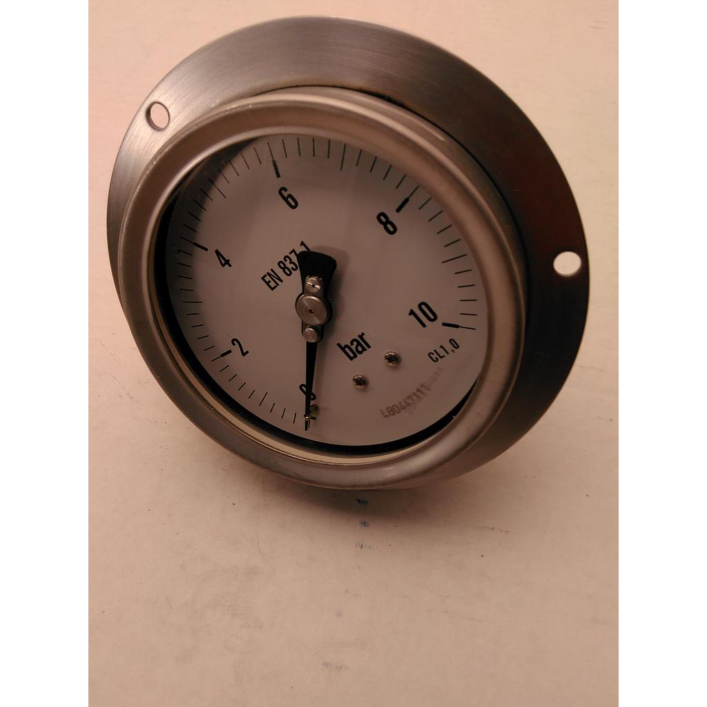 Manometro tutto inox diametro 100 mm - Flangia anteriore da Incasso - Attacco 1/2" gas maschio posteriore decentrato - Scala 0-10 Bar - Quadrante Asciutto - Cl.1