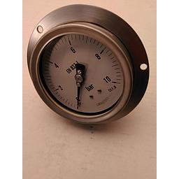 Manometro tutto inox diametro 100 mm - Flangia anteriore da Incasso - Attacco 1/2" gas maschio posteriore decentrato - Scala 0-10 Bar - Quadrante Asciutto - Cl.1