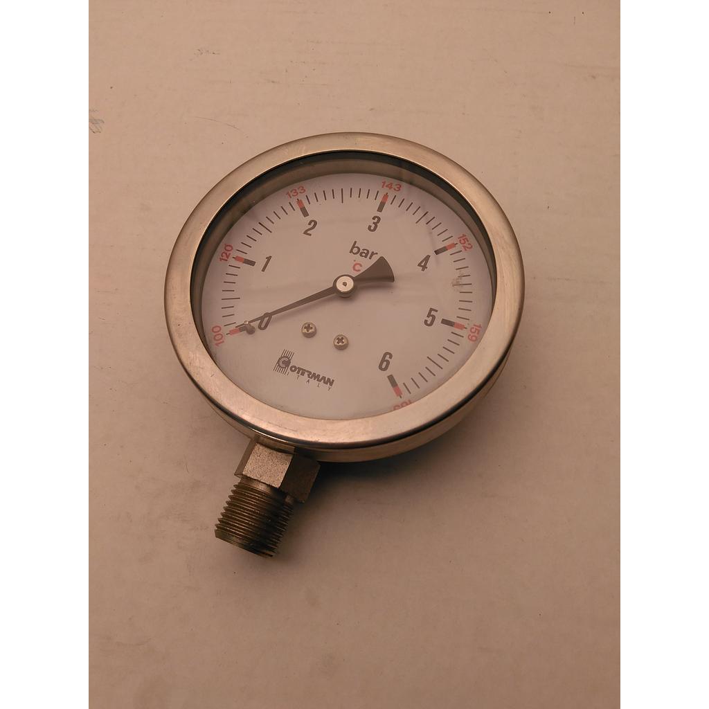 Manometro inox ø100 - 1/2 gas m. rad. - Scala in Bar e Temperatura - Campo  0-6 Bar / 100-165°C