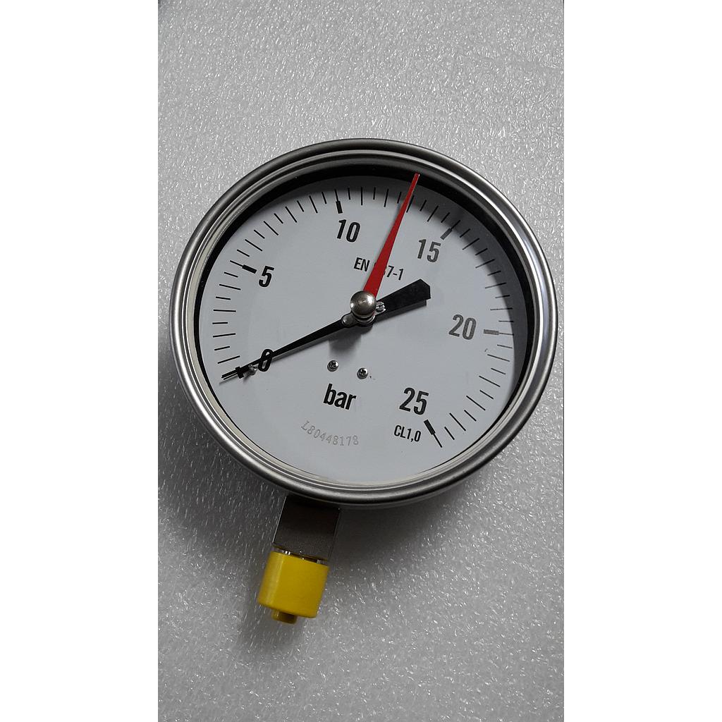 Manometro tutto inox diam. 150 mm - campo 0-25 bar - attacco radiale da 1/2&#34; gas maschio inox 316 - CL.1 - Quadrante asciutto - Indice Rosso Spostabile con Pomello frontale 