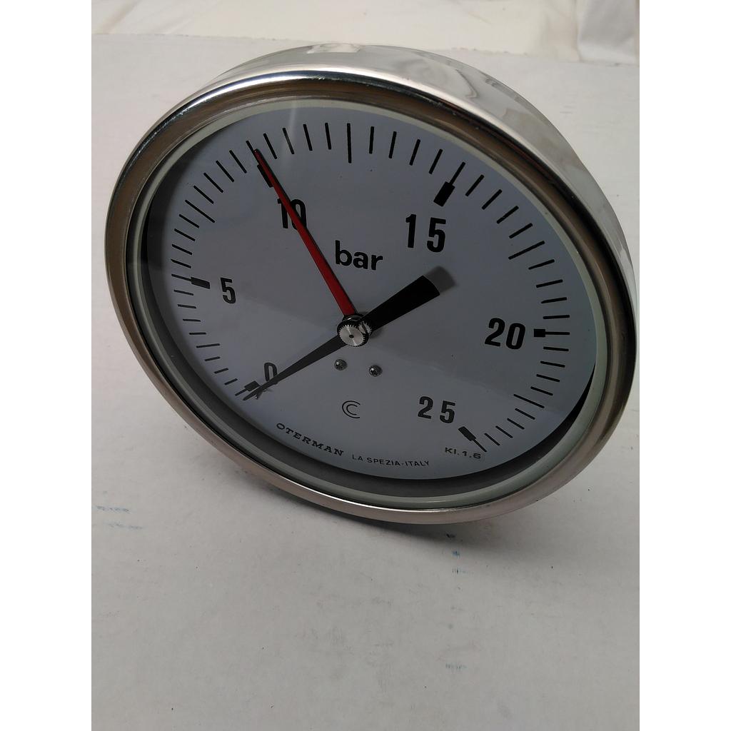 Manometro tutto inox diam. 150 mm - campo 0-25 bar - attacco posteriore da 1/2" gas maschio inox 316 - CL.1 - Quadrante asciutto - Indice Rosso Mobile