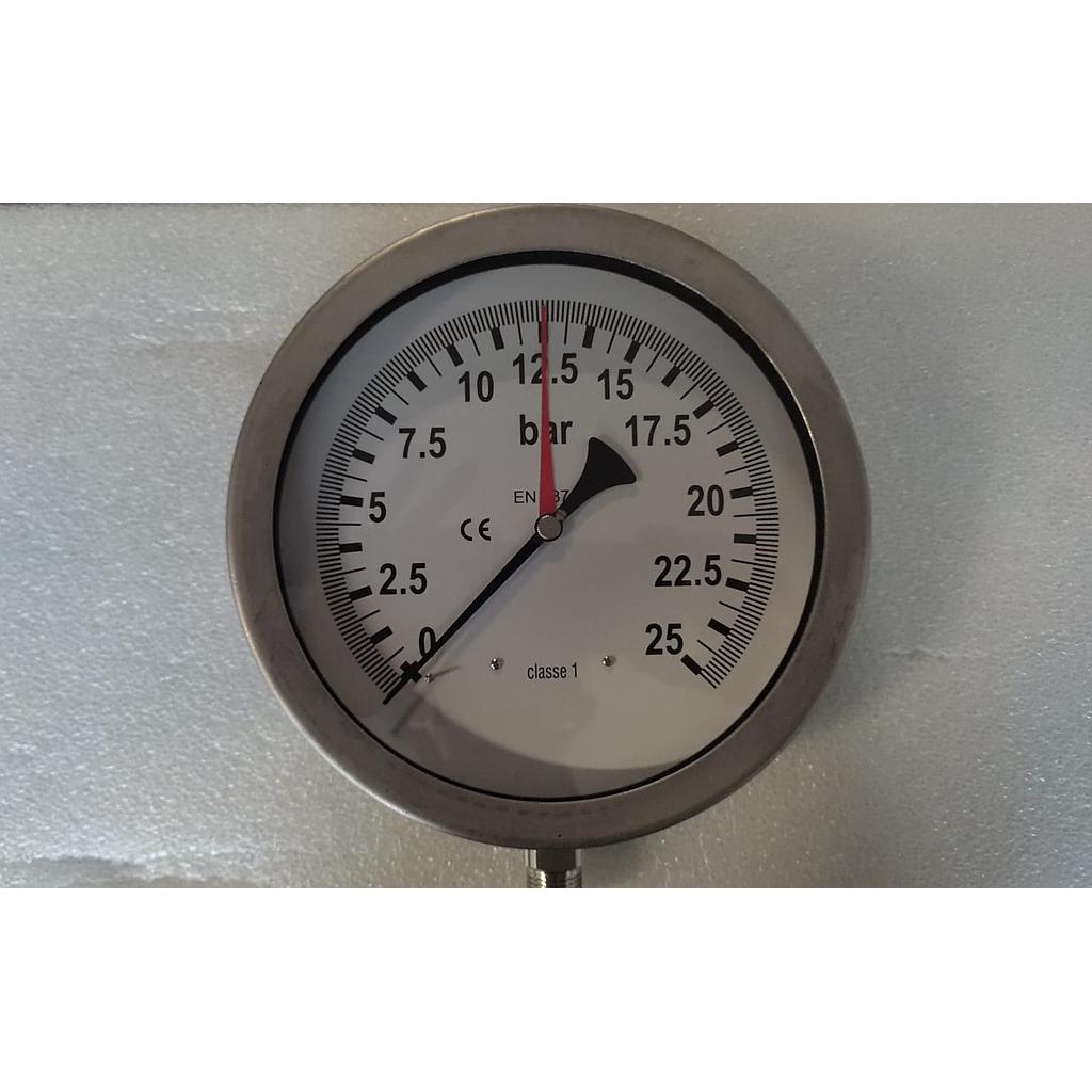 Manometro Tutto inox d.200mm - Asciutto - attacco radiale inox316 1/2" gas m. - campo 0/25 Bar - Indice Rosso Regolabile