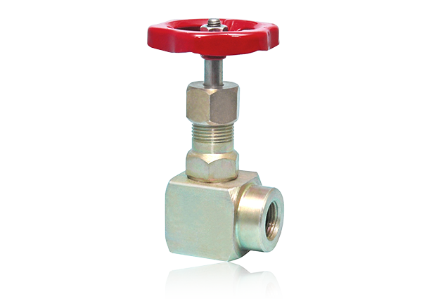 Valvola manuale a spillo a Squadra, corpo Aisi316 - S3000 Psi, attacchi filettati gas FF 3/8 - Movimento con volantino Rosso