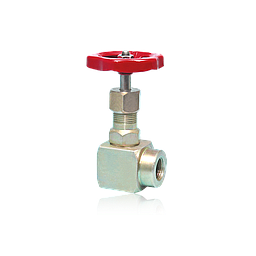 Valvola manuale a spillo a Squadra, corpo Aisi316 - S3000 Psi, attacchi filettati gas FF 3/8 - Movimento con volantino Rosso