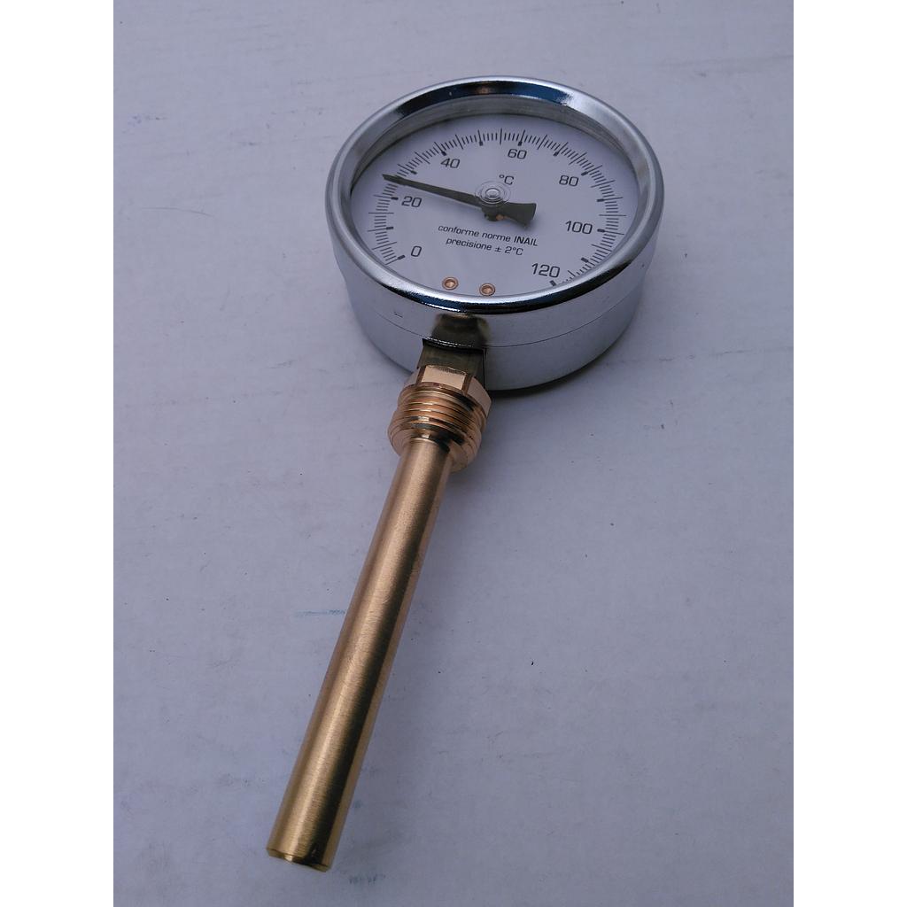 Termometro cassa in Ottone cromato diam. 80mm - bulbo Radiale completo di Pozzetto con attacco 1/2" Gas maschio lunghezza 100mm tutto in Ottone - campo 0-120°C