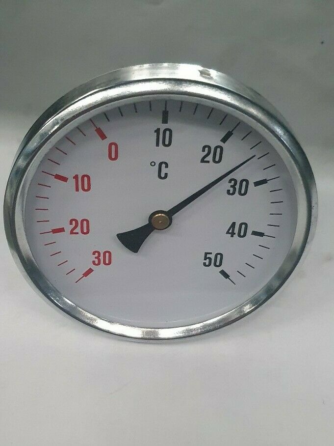 Termometro Bimetallico in Ottone - Diam. 80 mm - bulbo Posteriore con Pozzetto in Ottone, filettato 1/2&#34; G.M. L=100mm - campo -30°/+50°