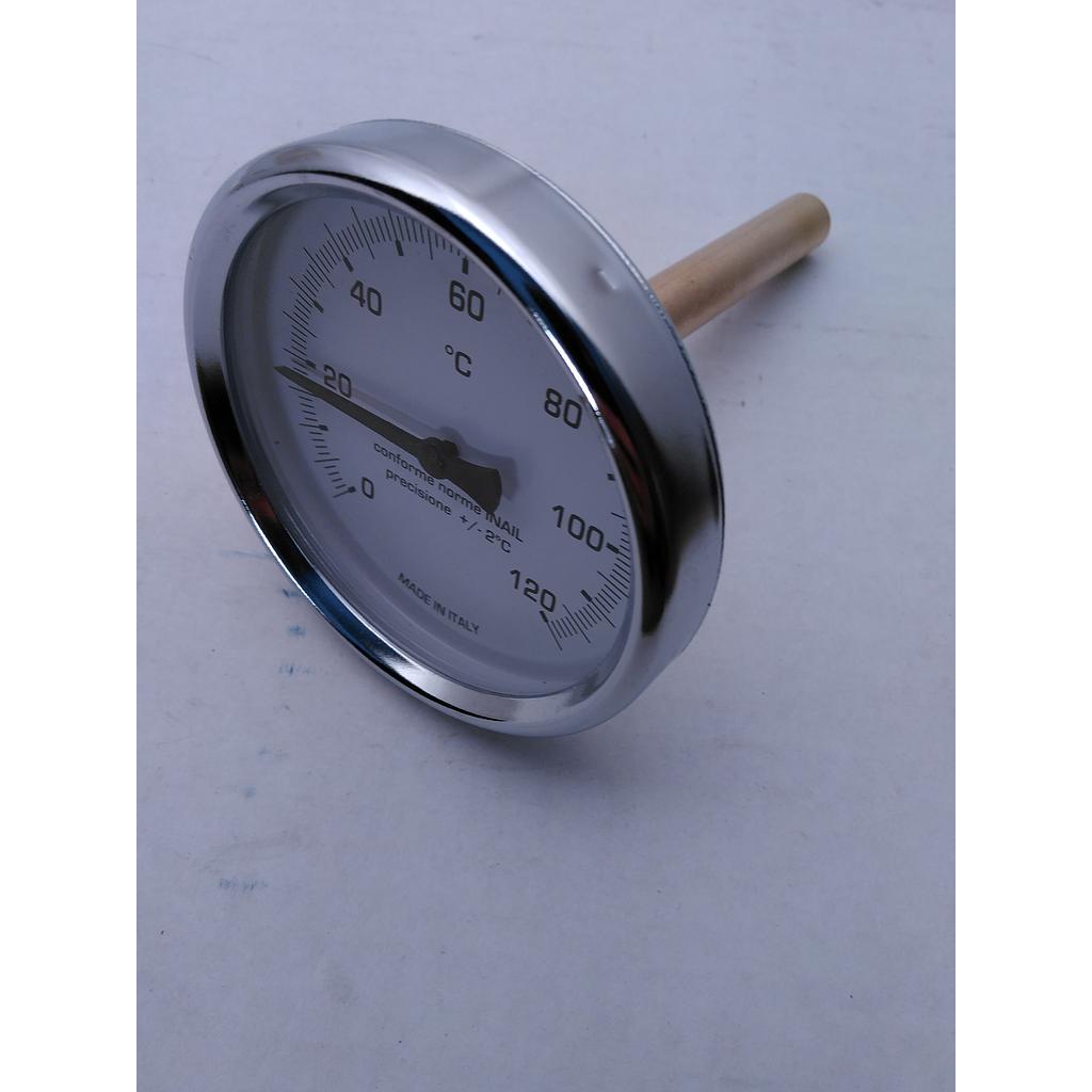 Termometro Bimetallico in Ottone - Diam. 80 mm - bulbo Posteriore con Pozzetto in Ottone, filettato 1/2&#34; G.M. L=100mm - campo 0-120°