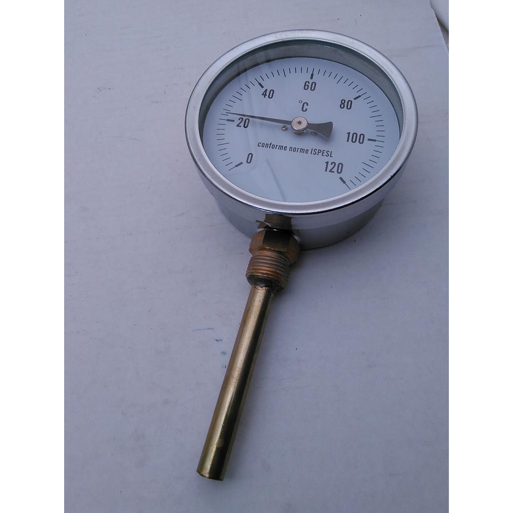 Termometro Bimetallico in Ottone - Diam. 100 mm - bulbo Radiale con Pozzetto in Ottone, filettato 1/2&#34; G.M. L=100mm - campo 0-120° 