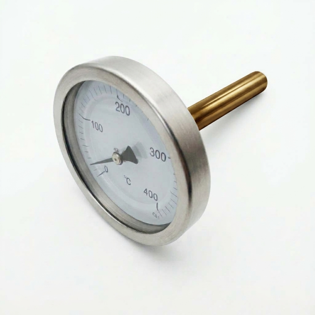 Termometro Bimetallico - Cassa in Ottone - Diametro 100 mm - Bulbo Posteriore - Pozzetto in Ottone - Filettato 1/2" Gas Maschio - L=100 mm - Campo 0/120 °C