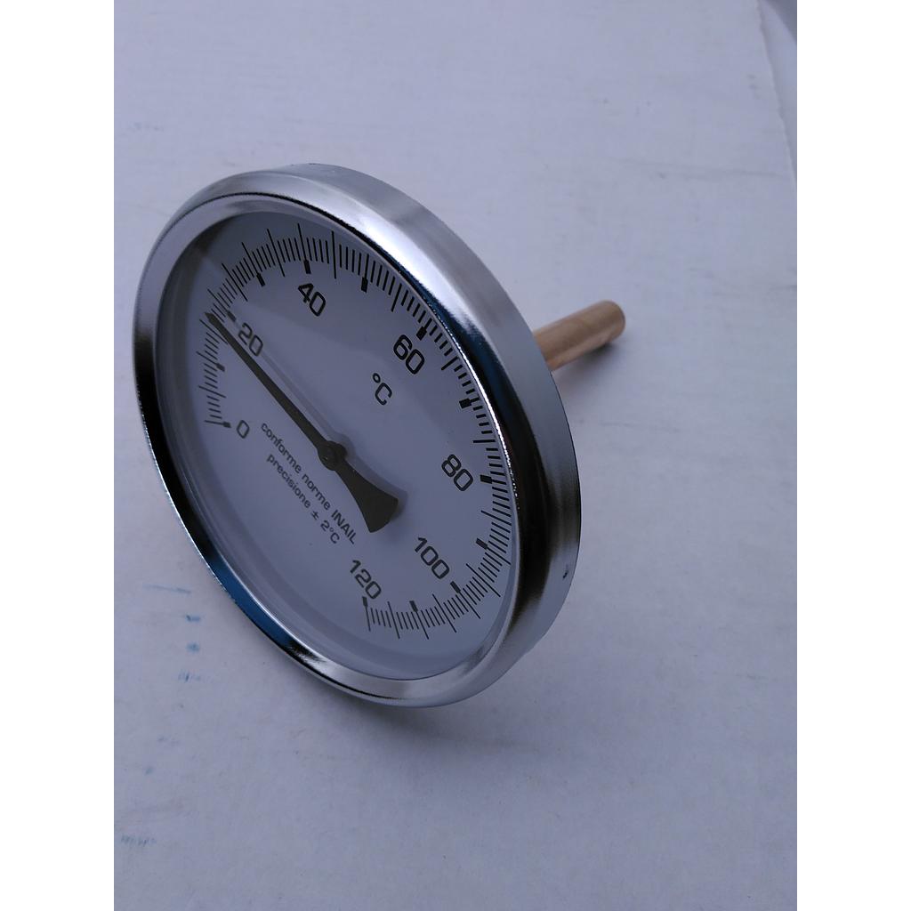 Termometro Bimetallico in Ottone - Diam. 100 mm - bulbo Posteriore con Pozzetto in Ottone, filettato 1/2&#34; G.M. L=100mm - campo 0-120° 
