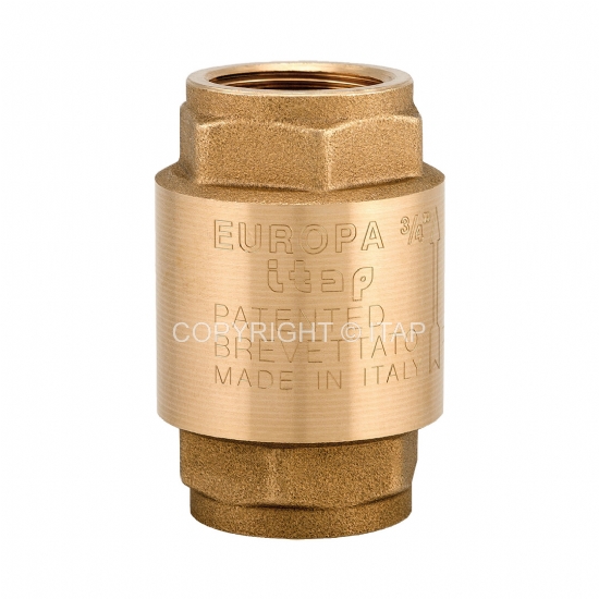 Valvola di Ritegno Europa, corpo in Ottone, molla in acciaio inox aisi 304, guarnizione in NBR, temperatura di impiego -20° + 100°C , attacchi filettati FF Gas 3/8&#34;