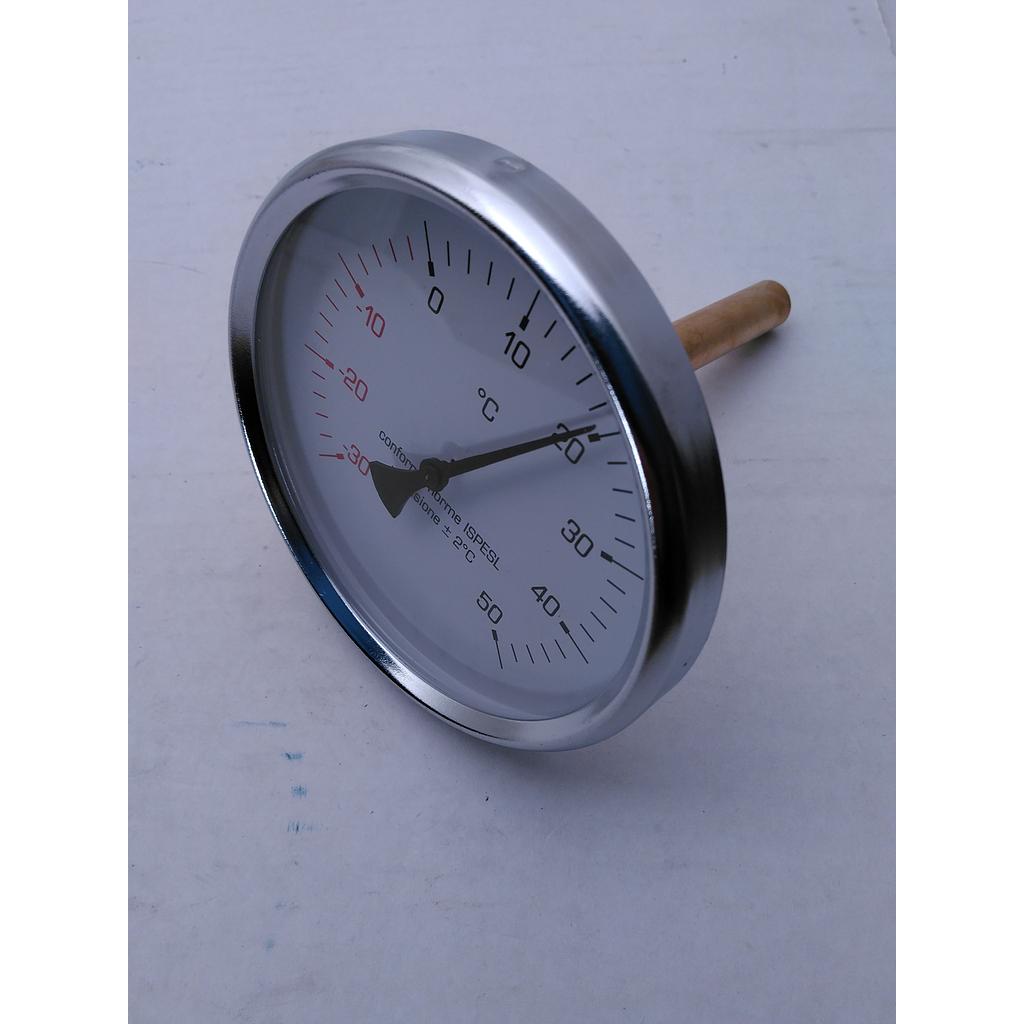 Termometro Bimetallico in Ottone - Diam. 100 mm - bulbo Posteriore con Pozzetto in Ottone, filettato 1/2&#34; G.M. L=100mm - campo -30°/+50°