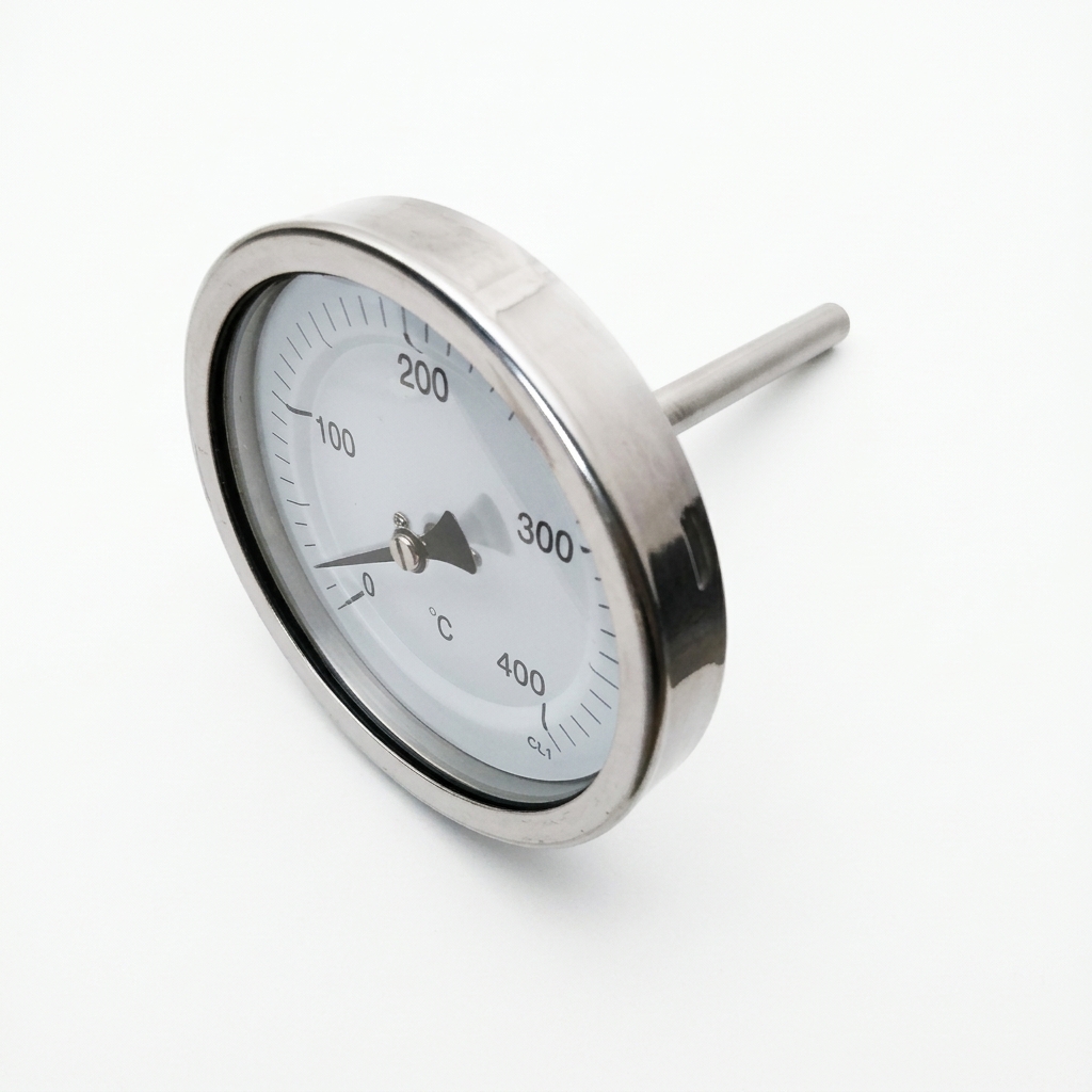 Termometro Bimetallico - Cassa in Inox - Diametro 100 mm - Bulbo Posteriore - Pozzetto in Inox AISI 316 - Filettato 1/2" Gas Maschio - L=100 mm - Campo 0/120 °C