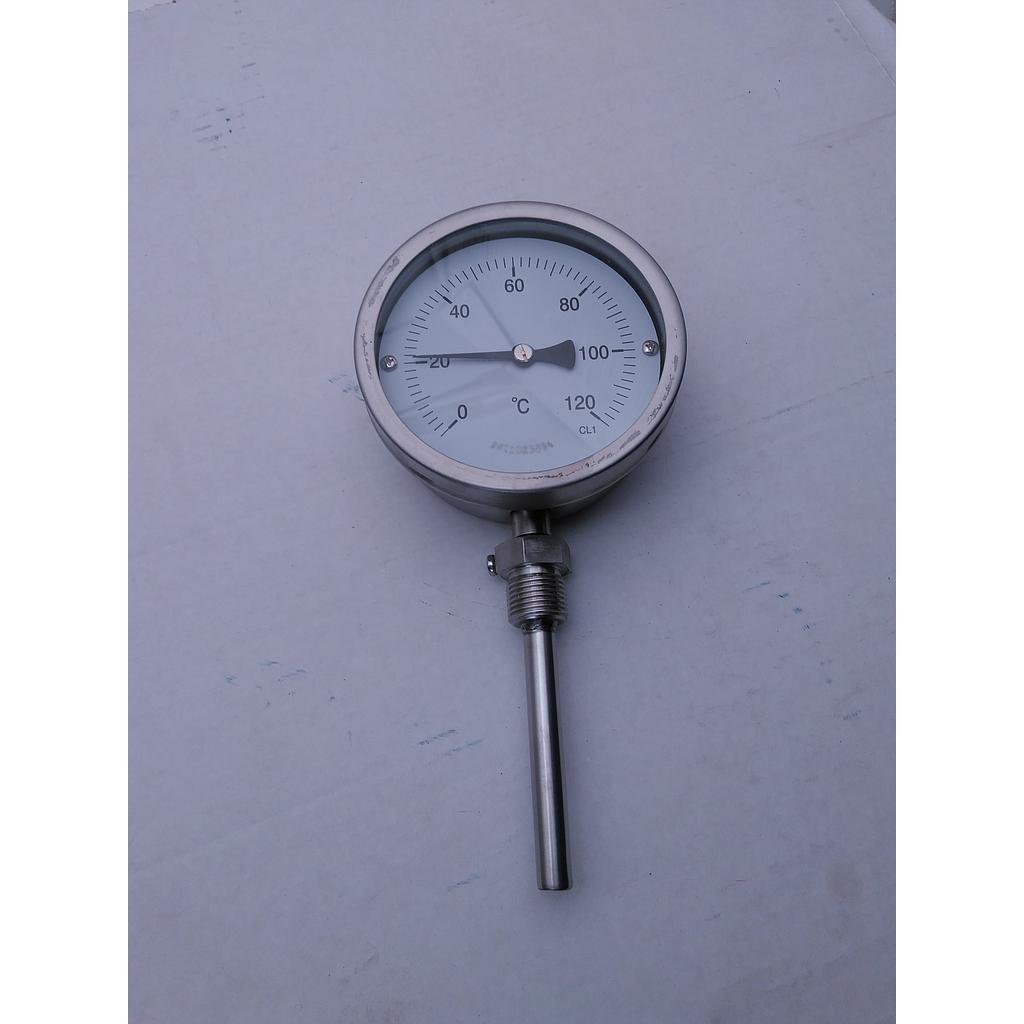Termometro bimetallico - Cassa inox diametro 100mm - Bulbo radiale inox aisi 316 completo di pozzetto inox aisi 316 con attacco 1/2" Gas Maschio - Lunghezza 100 mm compreso filetto - Campo 0/120°C