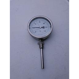 Termometro bimetallico - Cassa inox diametro 100mm - Bulbo radiale inox aisi 316 completo di pozzetto inox aisi 316 con attacco 1/2" Gas Maschio - Lunghezza 100 mm compreso filetto - Campo 0/120°C