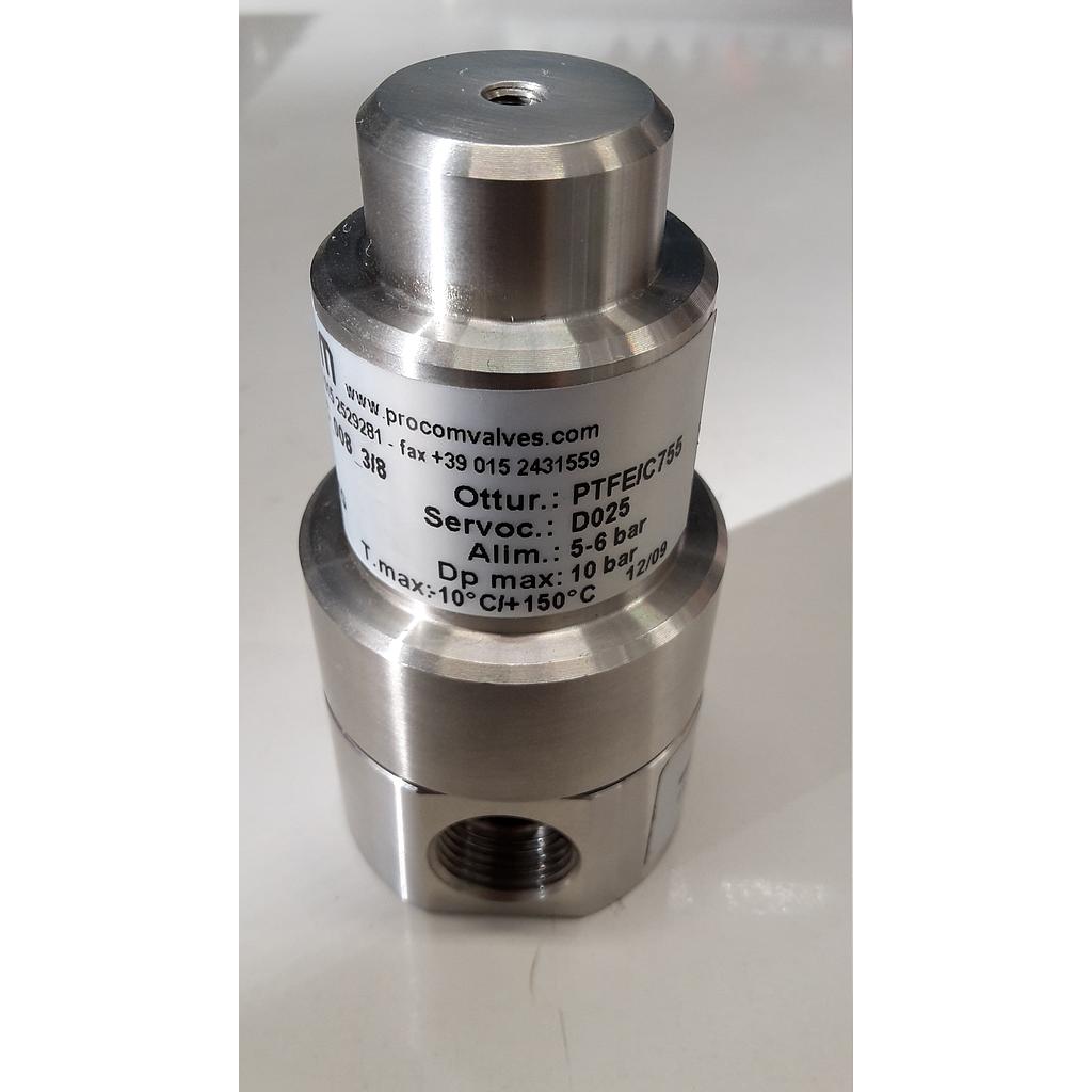 Valvola pneumatica On-Off - corpo da Barra inox Aisi 316, filettato FF Gas 3/8", passaggio interno 8 mm, tenuta PTFE/Grafite, testata inox Aisi 316 D.25 - Attacco aria comando M5 - Press.diff.max 10 Bar - Temp.max 150°C - Mod. PCMVFC_008_3/8