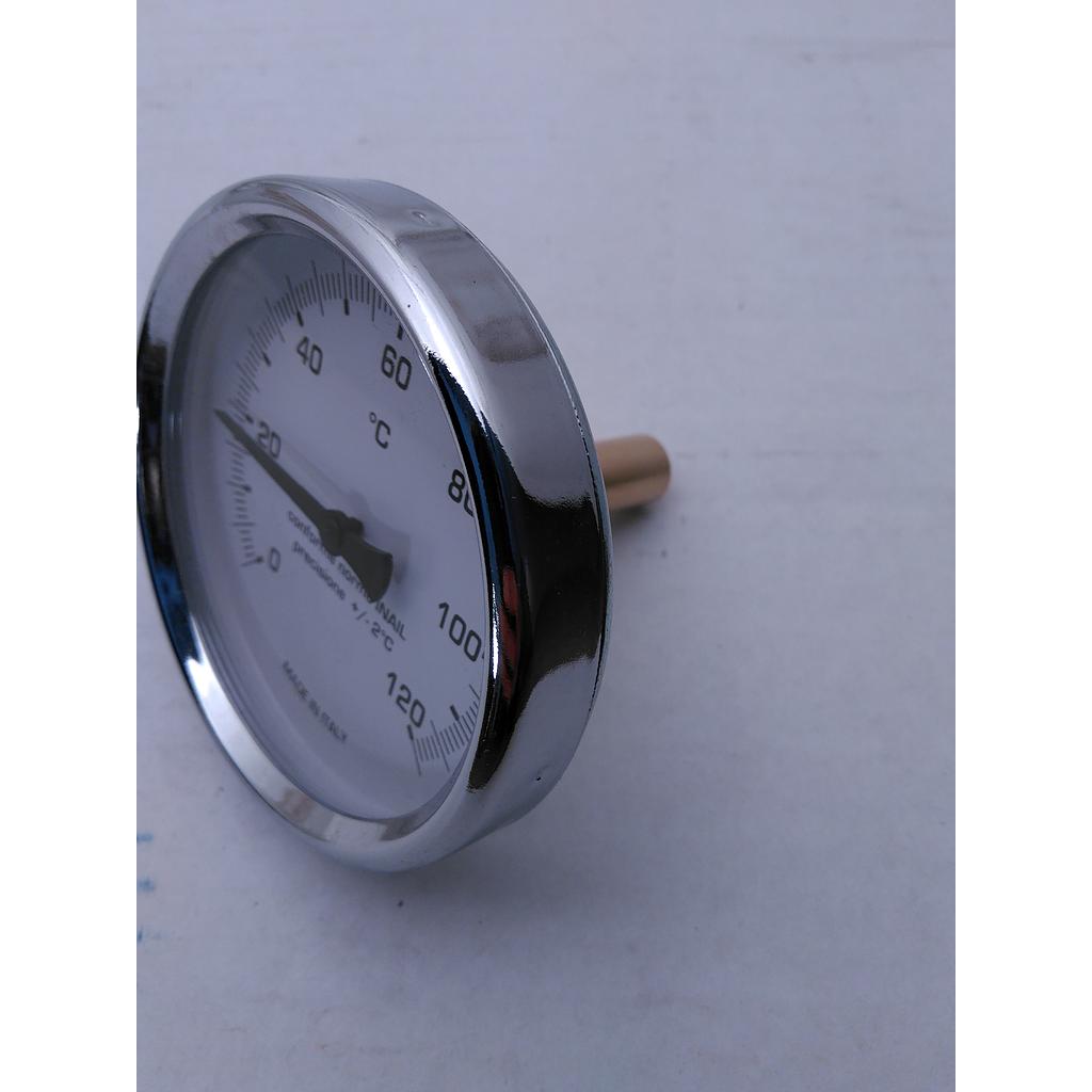 Termometro Bimetallico in Ottone - Diam. 80 mm - bulbo Posteriore con Pozzetto in Ottone, filettato 1/2&#34; G.M. L=50mm - campo 0-120° 