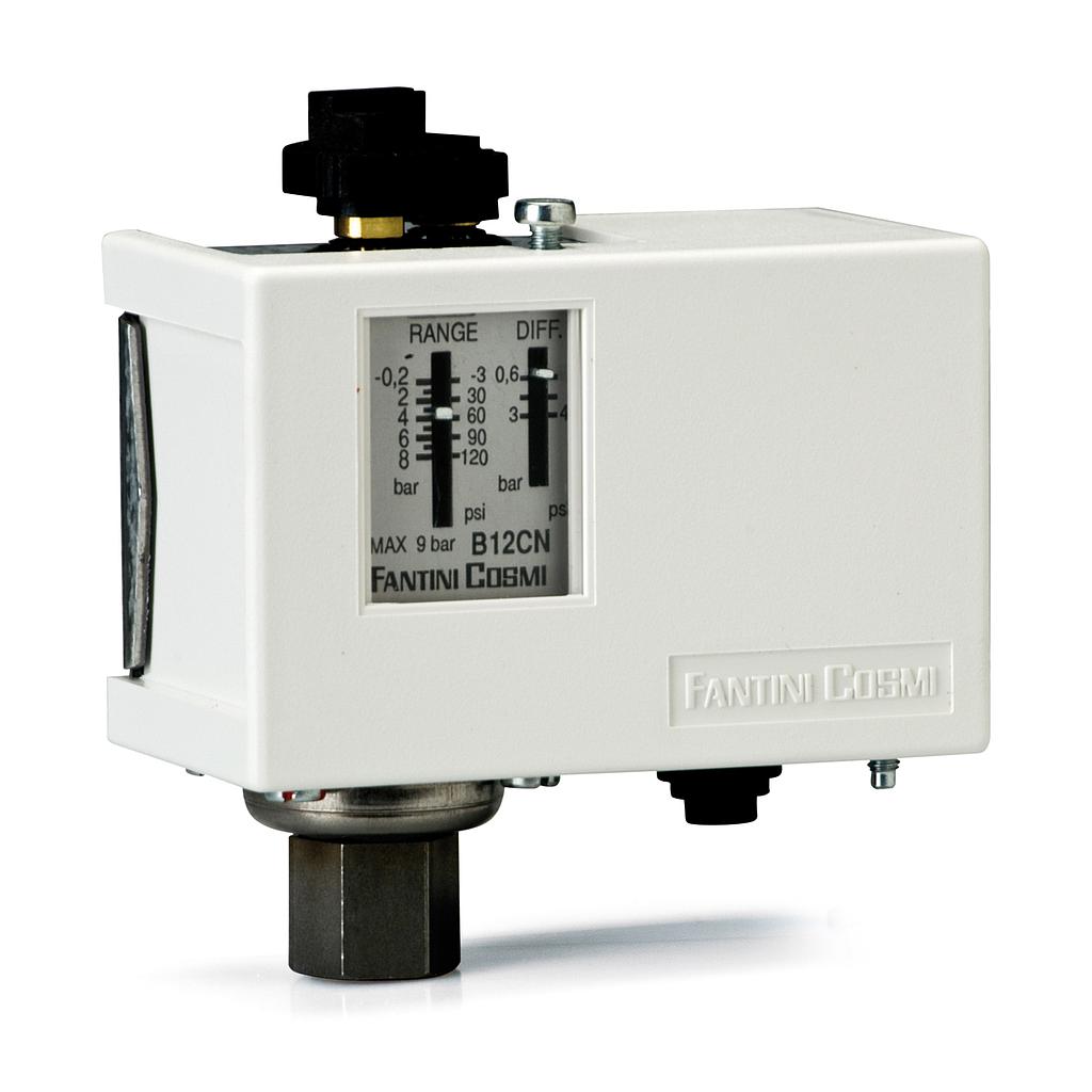 Pressostato F&amp;C - B12CN - campo -0,2÷8 bar - IP40 - Differenziale regolabile 0,6 - 3 bar - Attacco inox aisi 304L 1/4" Gas Femmina - Membrana inox Aisi 304L