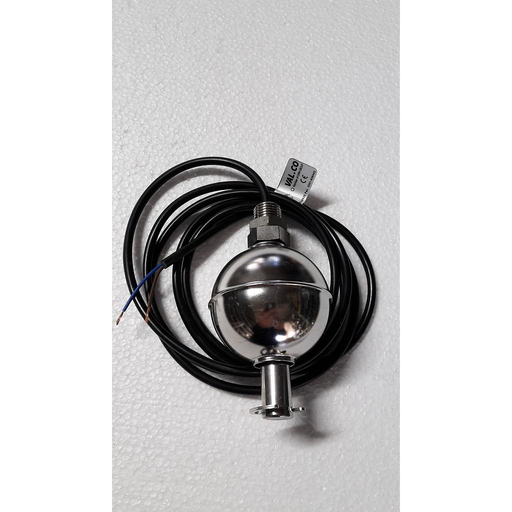 Controllo di livello Sferico , diam. 53mm - Contatti N. 1 Unità standard Mod. S1.S52.4.0080.S.I08GS.C1L.D.I2.40 - Galleggiante tipo S52 - materiale AISI-316 - Asta in AISI-316 - Attacco 1/4" Gas M -AISI-316 - Max 50 Bar - 105 °C - Quota di intervento in mm. e situazione contatto in assenza di livello: L1 = 40 = NC -  Carico elettrico max: Contatto tipo 4 = 250Vca/80VA/1,3A - 250Vcc/80W/1,3A - Cavo PVC 1,5 mt. - IP65 - cod.00.0002.0933.2 (ex830005) - Val.Co