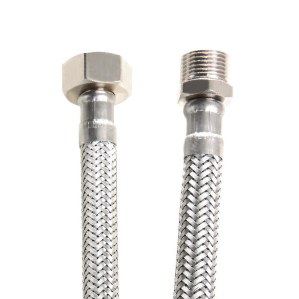 Tubo Flessibile - Base PTFE - Treccia Esterna in Inox - Raccordi in A105 - Maschio Fisso Gas Conico 3/8" - Femmina Girevole Gas Tenuta Conica 3/8" - Diametro Interno 7,8 mm - L=1200 mm